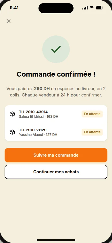 Commande confirmée : deux colis, de Salma et de Yassine, à payer en espèces au livreur à la réception, chaque vendeur confirme sous 24 h.
