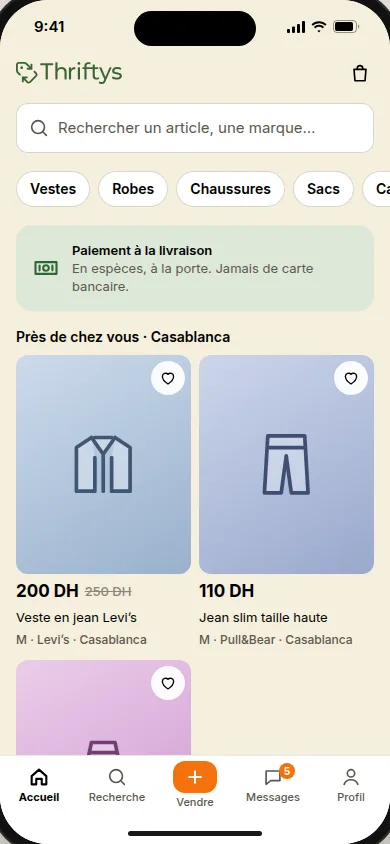 Accueil de l’app Thriftys : recherche, catégories, bandeau Paiement à la livraison et articles près de chez vous à Casablanca, prix en DH.