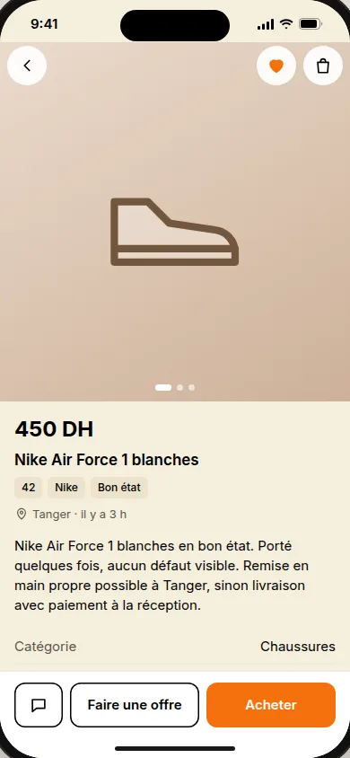 Fiche article Thriftys : Nike Air Force 1 blanches à 450 DH, à Tanger, avec les boutons Discuter, Faire une offre et Acheter.