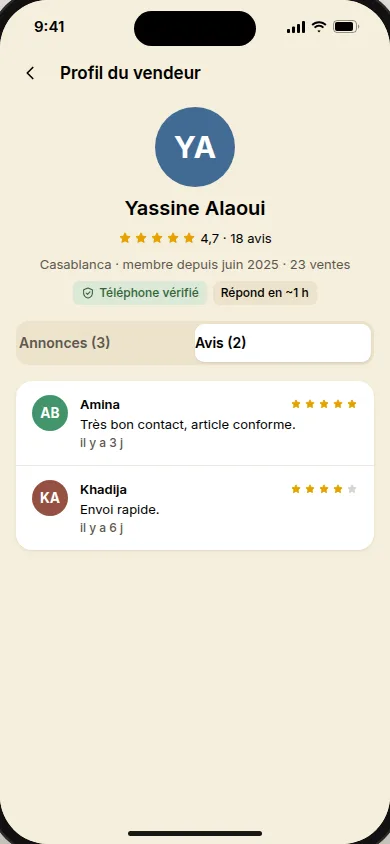 Profil public d’un vendeur : Yassine Alaoui, Casablanca, 4,7 sur 5 sur 18 avis, téléphone vérifié, avec les avis des acheteurs.